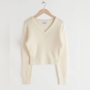 & Other Stories neutral cream Ribbed V-Neck Wool Alpaca Blend Sweater pullover M